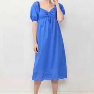Lauren Conrad Puff Sleeve Eyelet Hem Midi Dress – Size M – Blue – Flowy Fit